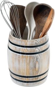 Wine Barrel Design Kitchen Utensil Holder Crock, Vintage White Washed Solid Wood Cooking Utensils Organizer