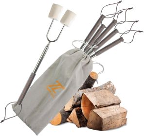 Marshmallow Roasting Sticks for Fire Pit with Wooden Handle, 41 Inches Long, Telescoping SUS304 Stainless Steel Marshmallow Skewers