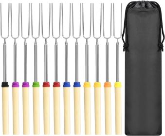 12 Pack Marshmallow Roasting Sticks Set, Extendable 32in Long Metal Barbecue Skewers with Wooden Handle, for Marshmallow, Hot Dogs, Camping, BBQ