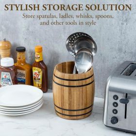 Wine Barrel Design Kitchen Utensil Crock, Light Brown Solid Bamboo Wood Cooking Tool Holder