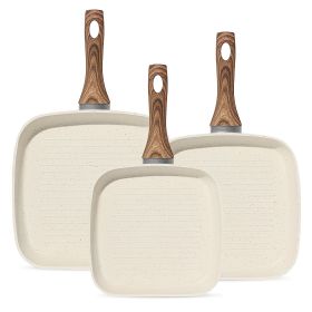 Nonstick Frying Pan Skillet Set, 3 Piece Square Grill Pans with Stay Cool Handle & PFOA Free, Compatible with All Stovetops(9.5" 10" 11") (Color: Beige)